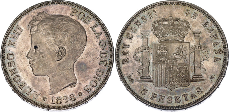 Spain 5 Pesetas 1898 (*1898) SGV

KM# 707, Cal# 27, N# 10782; Silver 25.05 g.;...