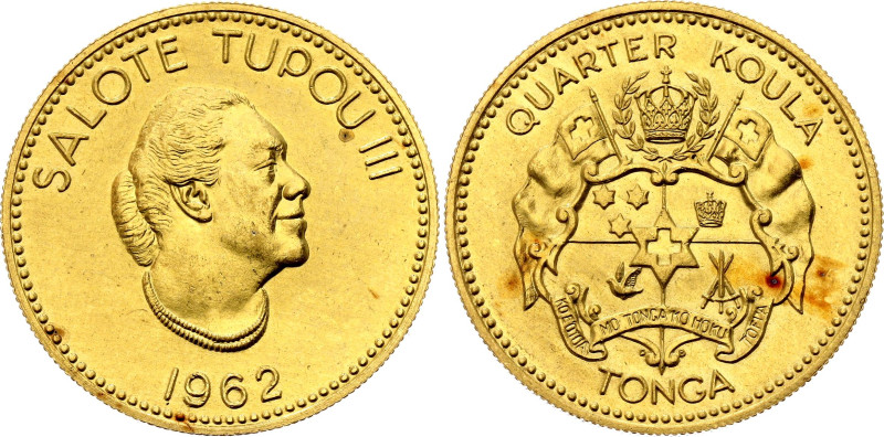 Tonga 1/4 Koula 1962

KM# 1, N# 29641; Gold (.916) 8.15 g.; Salote Tupou III; ...