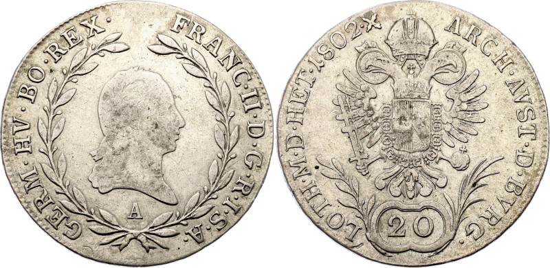 Austria 20 Kreuzer 1802 A

KM# 2139, Adamo# C28, N# 22610; Silver 6.62 g.; Fra...