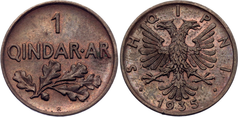 Albania 1 Qindar Ar 1935 R

KM# 14, N# 10470; Bronze; Zog I; Rome Mint; UNC wi...