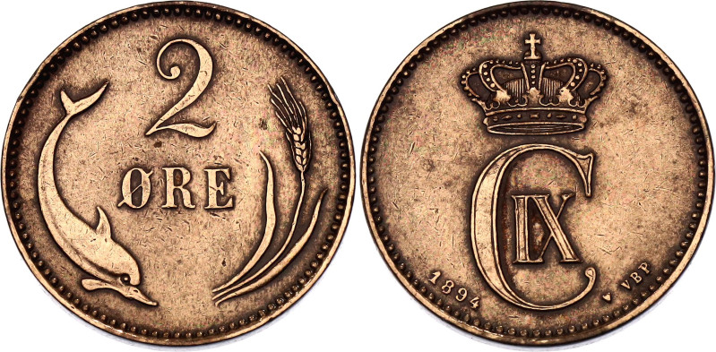 Denmark 2 Ore 1894 VBP

KM# 793, N# 4140; Bronze; Christian IX; Copenhagen Min...