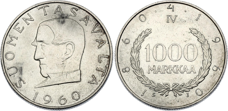 Finland 1000 Markkaa 1960

KM# 43, Schön# 47, N# 10395; Silver 14.09 g.; Markk...