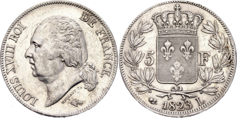 France 5 Francs 1823 L

KM# 711.8, N# 8214; Silver 25.00 g.; Louis XVIII; Bayo...