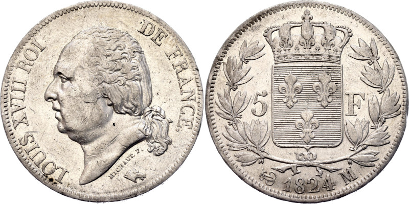 France 5 Francs 1824 M

KM# 711.9, N# 8214; Silver 25.00 g.; Louis XVIII; Toul...