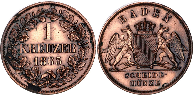 German States Baden 1 Kreuzer 1863

KM# 242, N# 11178; Copper; Frederick I; XF...