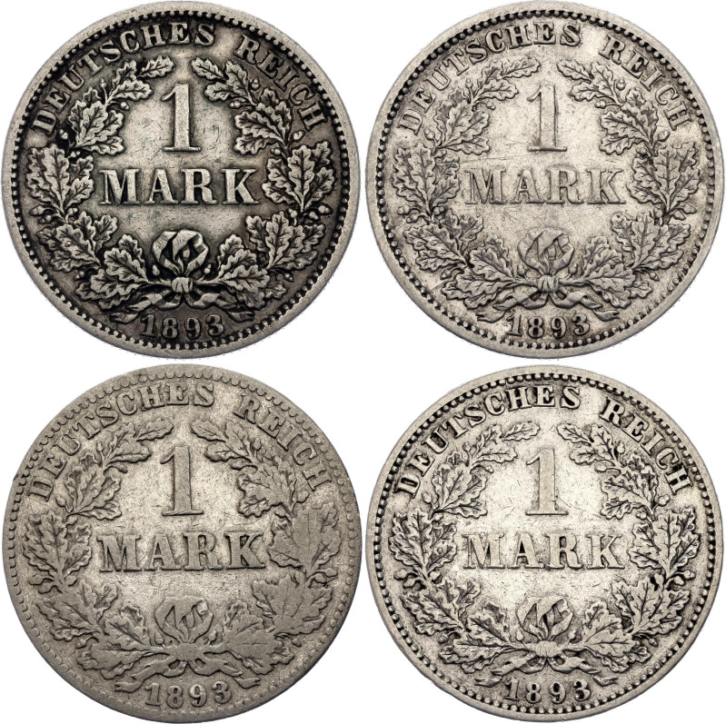 Germany - Empire 4 x 1 Mark 1893 F, E, J

KM# 14, AKS# 2, J# 17, N# 3412; Silv...