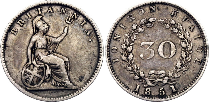 Ionian Islands 30 Lepta 1851

KM# 35, N# 16152; Silver 1.39 g.; Victoria; XF w...