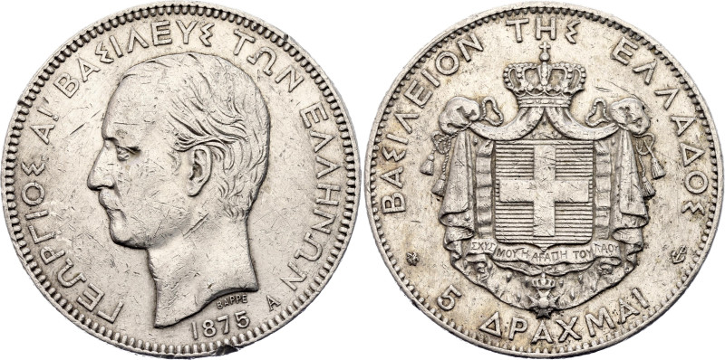 Greece 5 Drachmai 1875 A

KM# 46, N# 10492; Silver 25.00 g.; George I; Paris M...