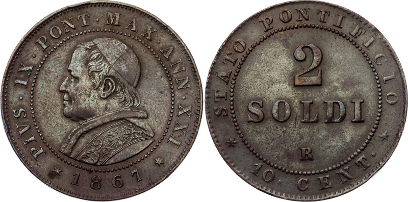 Italian States Papal States 2 Soldi 1867 (XXI) R

KM# 1373, MIR# 3173, N# 3574...