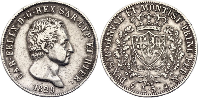 Italian States Sardinia 5 Lire 1829 P

KM# 116.2, N# 18353; Silver 25.00 g.; C...