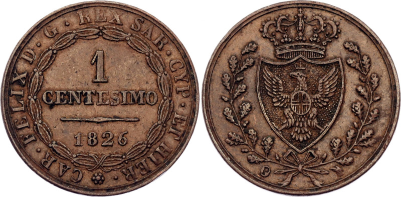 Italian States Sardinia 1 Centesimo 1826 P

KM# 121.1, N# 5953; Copper; Carlo ...