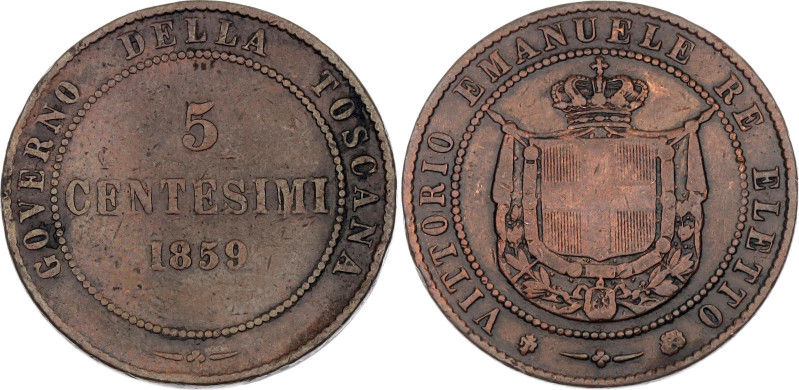 Italian States Tuscany 5 Centesimi 1859

C# 83, N# 4255; Copper; Vittorio Eman...