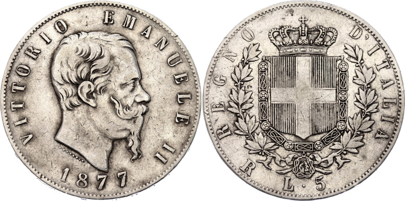 Italy 5 Lire 1877 R

KM# 8.4, N# 2290; Silver 24.81 g.; Vittorio Emanuele II; ...