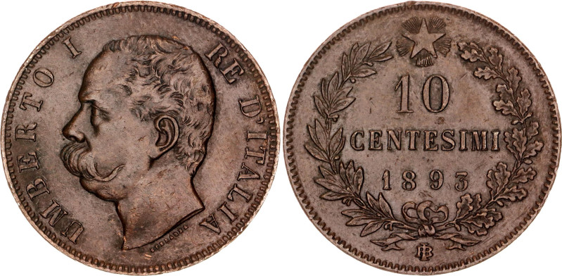 Italy 10 Centesimi 1893 BI

KM# 27.1, N# 727; Copper; Umberto I; Heatons Mint ...