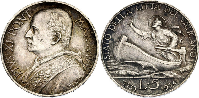 Vatican 5 Lire 1933 (IVB)

KM# 17, N# 12083; Silver 5.00 g.; Pius XI; Jubilee;...