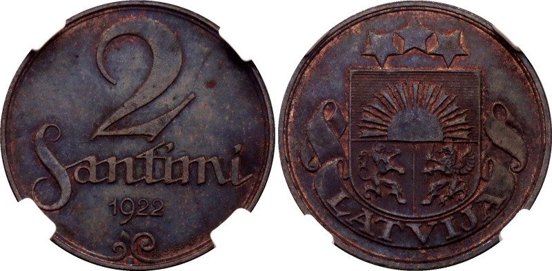 Latvia 2 Santimi 1922 NGC MS63 BN

KM# 2, Schön# 2, N# 4919; Bronze; With nice...