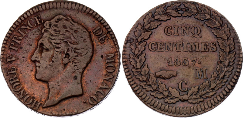 Monaco 5 Centimes 1837 MC

KM# 95.2a, N# 24956; Small head; Copper; Honore V; ...