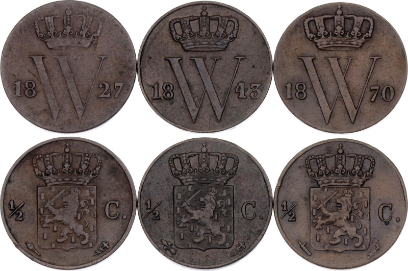 Netherlands 3 x 1/2 Cent 1827 - 1870

KM# 51, 68, 90; Copper; Willem I / Wille...