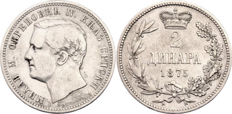 Serbia 2 Dinara 1875

KM# 6, N# 48052; Silver 9.87 g; Milan Obrenović IV; VF+/...