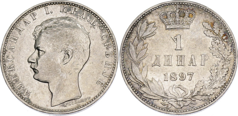 Serbia 1 Dinar 1897

KM# 21, N# 15749; Silver 4.94 g.; Alexander I; XF-