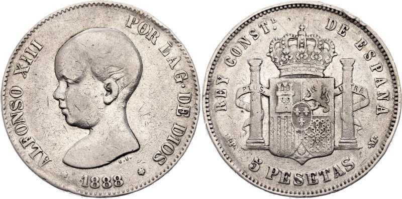 Spain 5 Pesetas 1888 (*1888) MP M

KM# 689, Cal# 13, N# 4009; Silver 24.62 g.;...