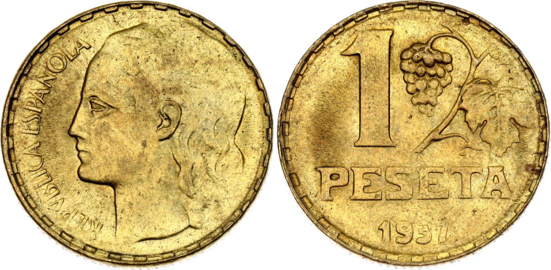 Spain 1 Peseta 1937

KM# 755, Cal# 2, N# 6274; Aluminium bronze; "Rubia"; Madr...