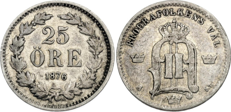 Sweden 25 Ore 1876 ST

KM# 738, N# 25785; Silver 2.42 g.; Oscar II; XF