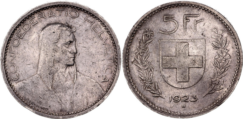 Switzerland 5 Francs 1923 B

KM# 37, N# 193; Silver 24.97 g.; Bern Mint; XF wi...