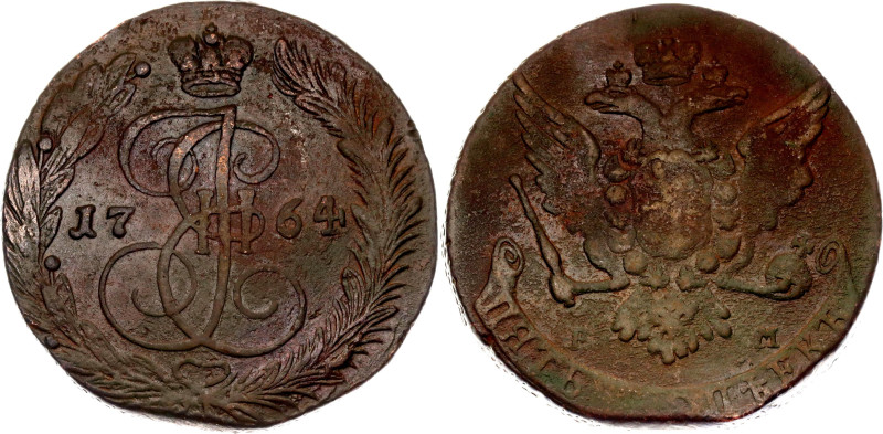 Russia 5 Kopeks 1764 ЕМ

Bit# 610, Conros# 180/3; Copper 48.66 g.; VF