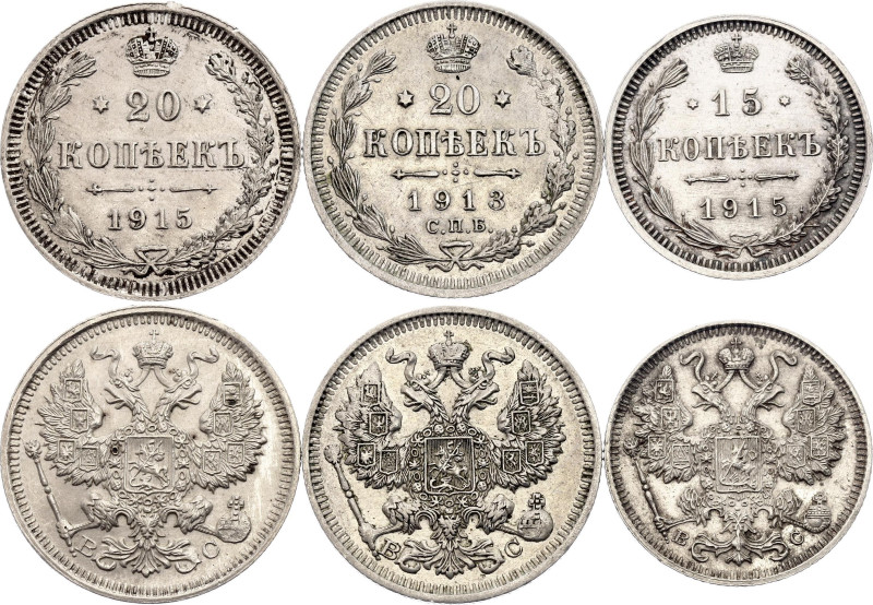 Russia 15 - 2 x 20 Kopeks 1913 - 1915

Bit# 142, 115, 117; Silver Total Weight...