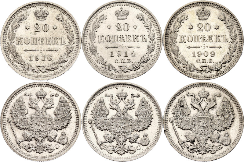 Russia 3 x 20 Kopeks 1909 - 1916

Bit# 109, 116, 118; Silver., Total weight: 1...