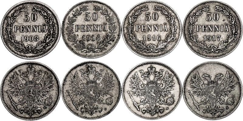 Russia - Finland 4 x 50 Pennia 1908 - 1917

Bit# 403, 405, 407, GSF1; Silver.,...