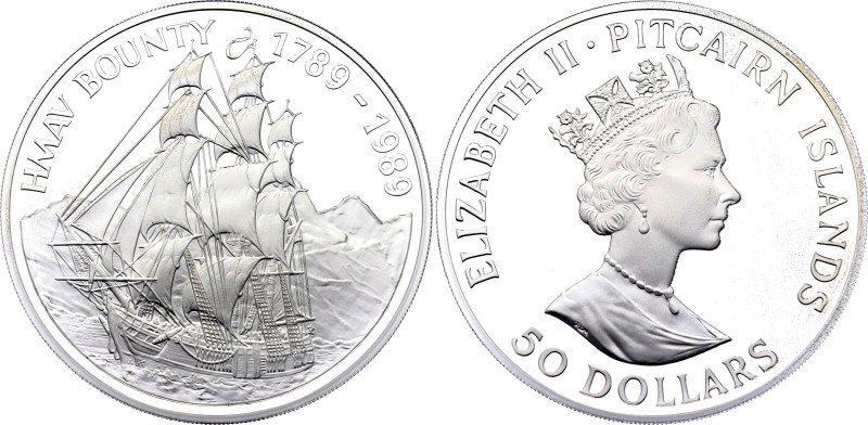 Pitcairn 50 Dollars 1989

KM# 5, N# 52947; Silver (.999) 155.60 g., 65 mm., Pr...