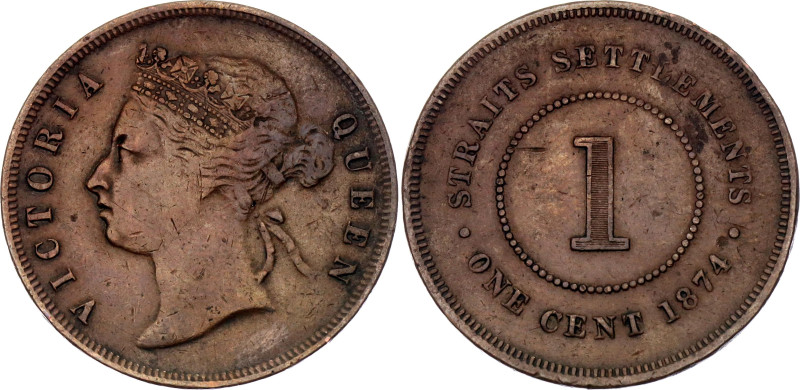 Straits Settlements 1 Cent 1874

KM# 9, N# 3363; Copper; Victoria; Calcutta Mi...