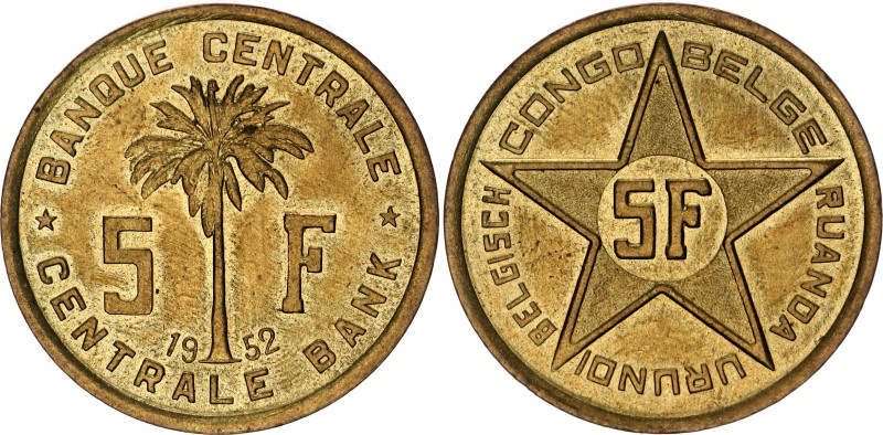 Belgian Congo Rwanda-Urundi 5 Francs 1952

KM# 1, N# 11003; Brass; U.N. Trust ...