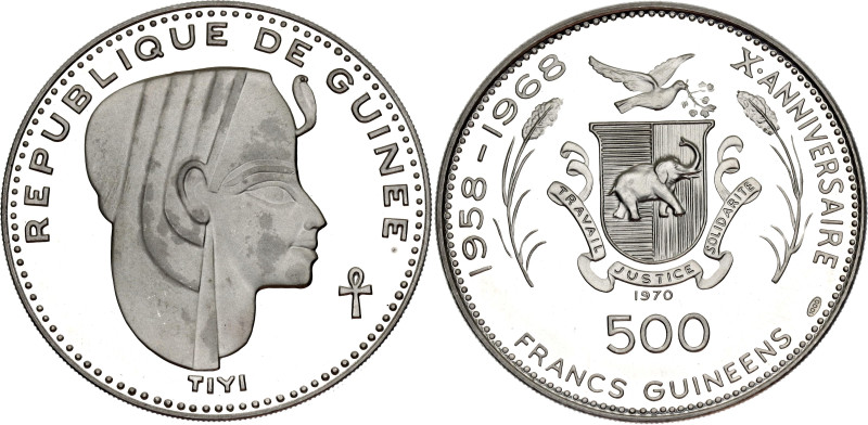 Guinea 500 Francs 1970

KM# 28, Schön# 26, N# 115462; Silver 28.98 g., Proof; ...