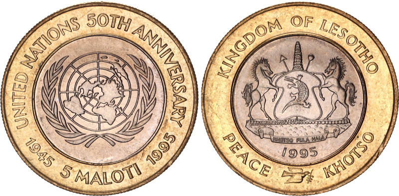 Lesotho 5 Maloti 1995

KM# 67, N# 23816; Bimetallic; 50th Anniversary of the U...