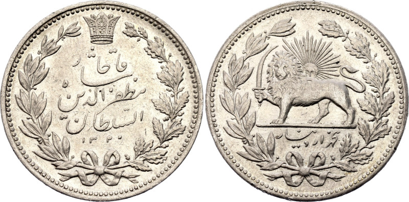 Iran 5000 Dinars 1902 AH 1320

KM# 976, N# 19017; Silver 22.90 g.; Mozaffar ad...