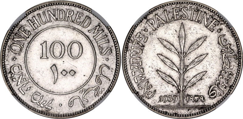 Palestine 100 Mils 1939 NGC MS62

KM# 7, Aharoni# 7, N# 7298; Silver 11.70 g.;...