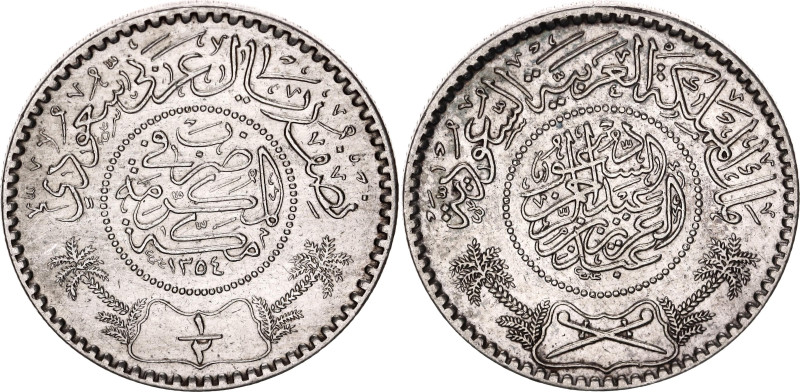 Saudi Arabia 1/2 Riyal 1935 AH 1354

KM# 17, N# 21032; Silver 5.87 g.; Abdulaz...