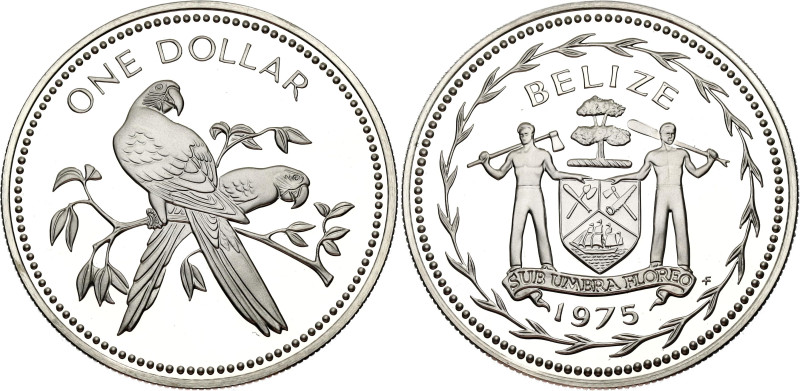 Belize 1 Dollar 1975

KM# 43a, N# 21399; Silver 19.89 g., Proof; Scarlet macaw