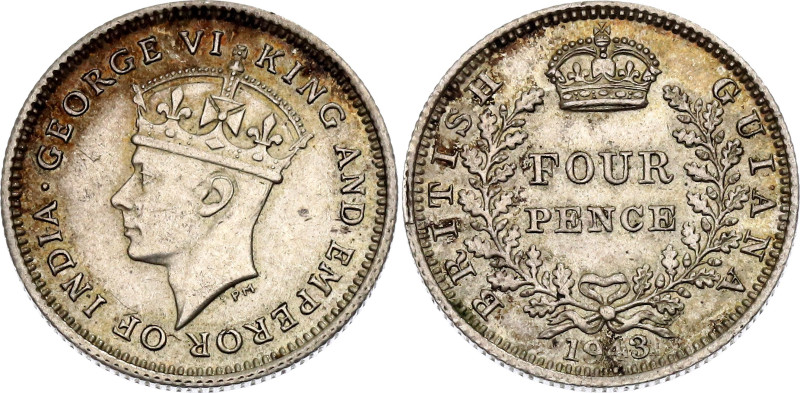 British Guiana 4 Pence 1943

KM# 30, Schön# 30, N# 19571; Silver 1.90 g.; Geor...