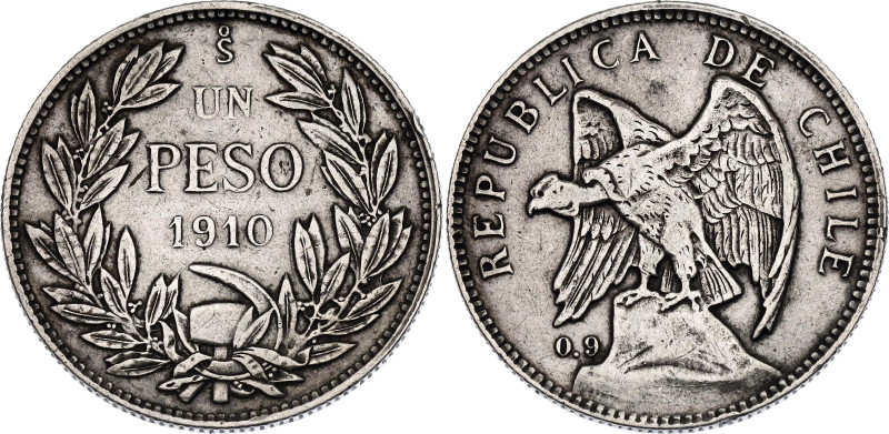 Chile 1 Peso 1910 So

KM# 152.3, N# 23448; Silver 11.92 g.; Santiago Mint; XF