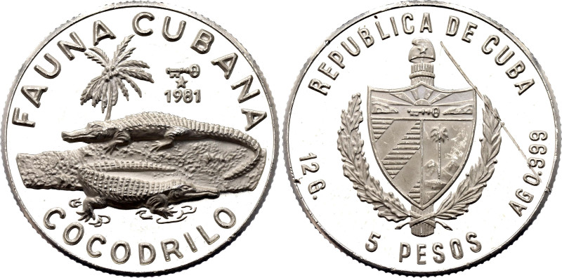 Cuba 5 Pesos 1981

KM# 74, JMA# AAEE052, N# 87390; Silver 12.00 g., Proof; Cub...