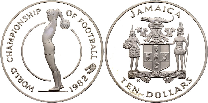 Jamaica 10 Dollars 1982

KM# 98, N# 45999; Silver 22.45 g., Proof; FIFA World ...