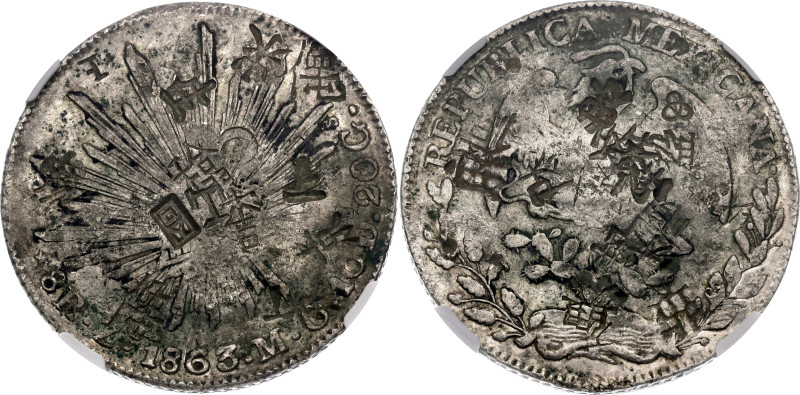 Mexico 8 Reales 1863 Zs MO NGC Chopmarked

KM# 377.13, N# 7394; Silver 27.07 g...
