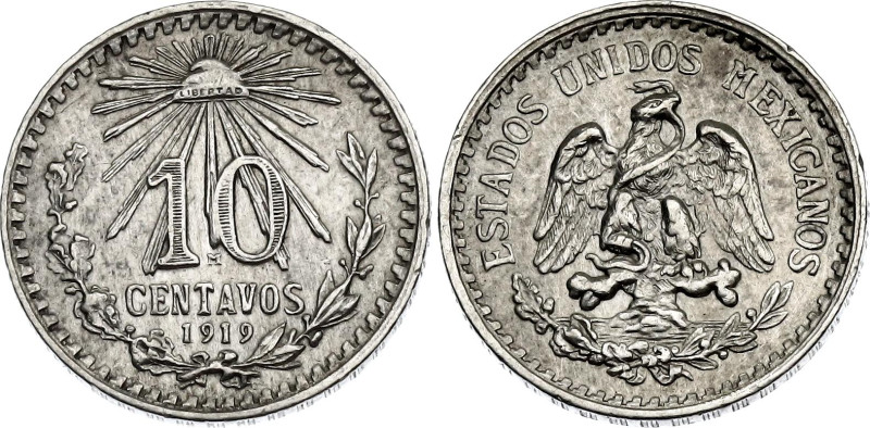 Mexico 10 Centavos 1919 M

KM# 429, N# 14460; Silver; UNC with hairlines