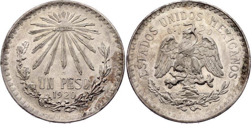 Mexico 1 Peso 1920 Mo

KM# 455, N# 4382; Silver 16.61 g.; Mexico Mint; AUNC wi...