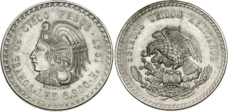 Mexico 5 Pesos 1947 Mo

KM# 465, N# 10919; Silver 30.00 g.; Mexico Mint; UNC w...