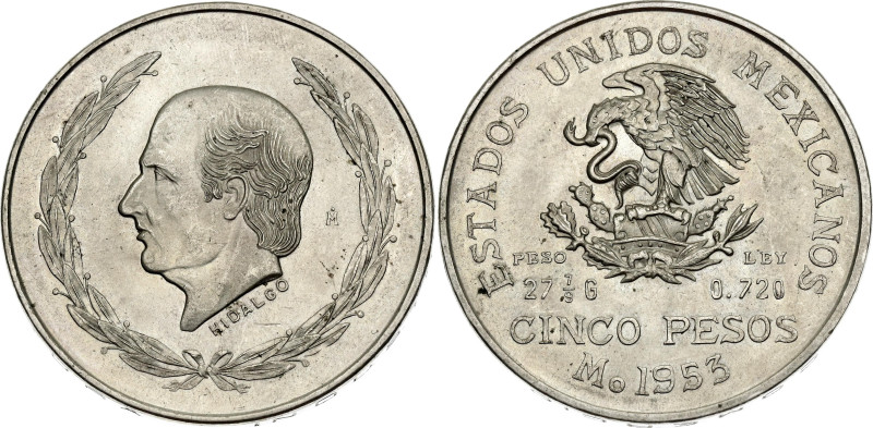 Mexico 5 Pesos 1953 Mo

KM# 467, N# 13985; Silver 27.74 g.; Hidalgo; Mexico Mi...